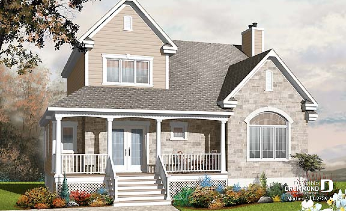 Vue avant - MODÈLE DE BASE - Plan de maison avec solarium, bureau à domicile, 3 chambres, salle de lavage au rez-de-chaussée - Martina 2