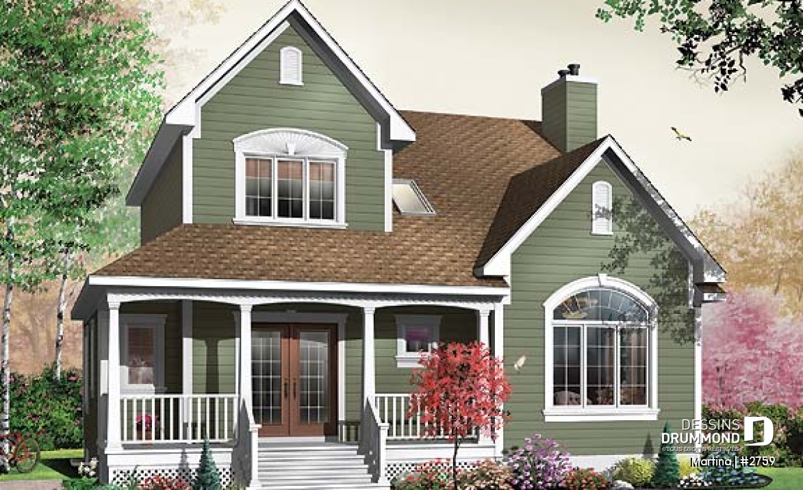 Vue avant - MODÈLE DE BASE - Plan de maison de campagne, bureau , espace ouvert avec foyer, 3 chambres - Martina
