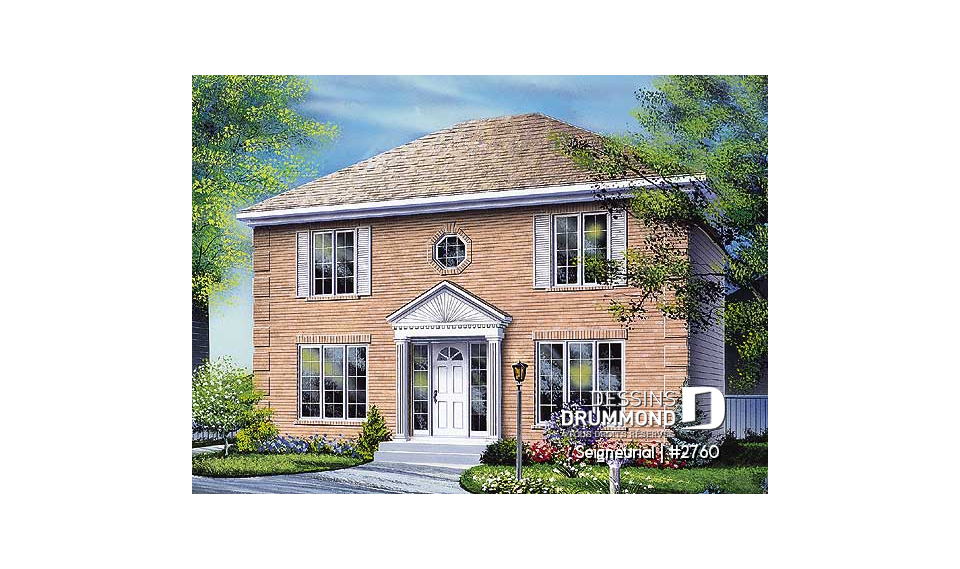 Vue avant - MODÈLE DE BASE - Plan de cottage style anglais, 3 chambres, salle à manger formelle, grande salle de bain familiale - Seigneurial