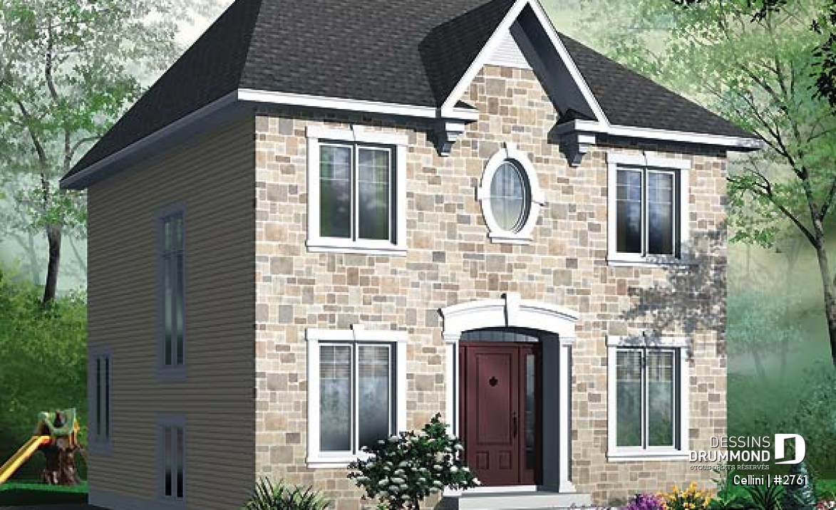 Vue avant - MODÈLE DE BASE - Plan de cottage de style anglais, 3 chambres, buanderie au r-d-c, grande cuisine et séjour avec foyer - Cellini