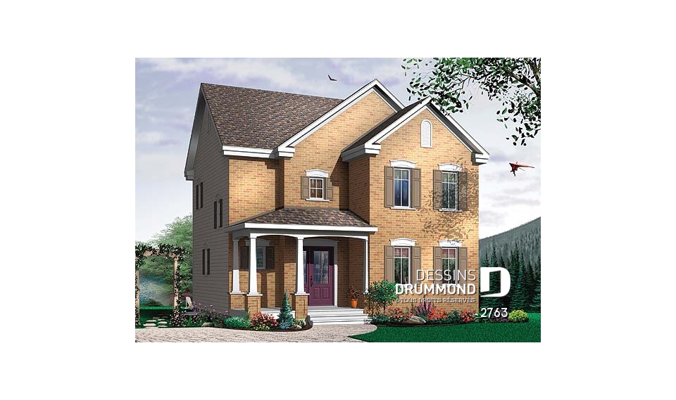 Vue avant - MODÈLE DE BASE - Plan de maison européenne, 3 chambres, salle de lavage au premier, balcon avant abrité - 