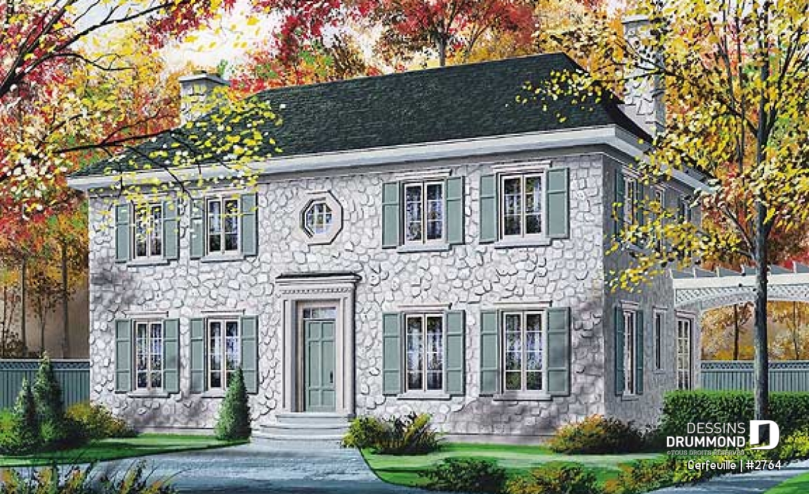 Vue avant - MODÈLE DE BASE - Maison au look historique, plafond 9' au r-d-c, 3 chambres, foyers multiples dont un à la suite des maîtres - Cerfeuille