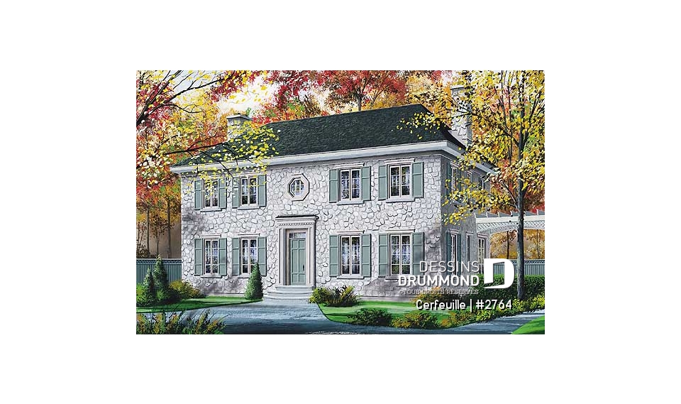 Vue avant - MODÈLE DE BASE - Maison au look historique, plafond 9' au r-d-c, 3 chambres, foyers multiples dont un à la suite des maîtres - Cerfeuille