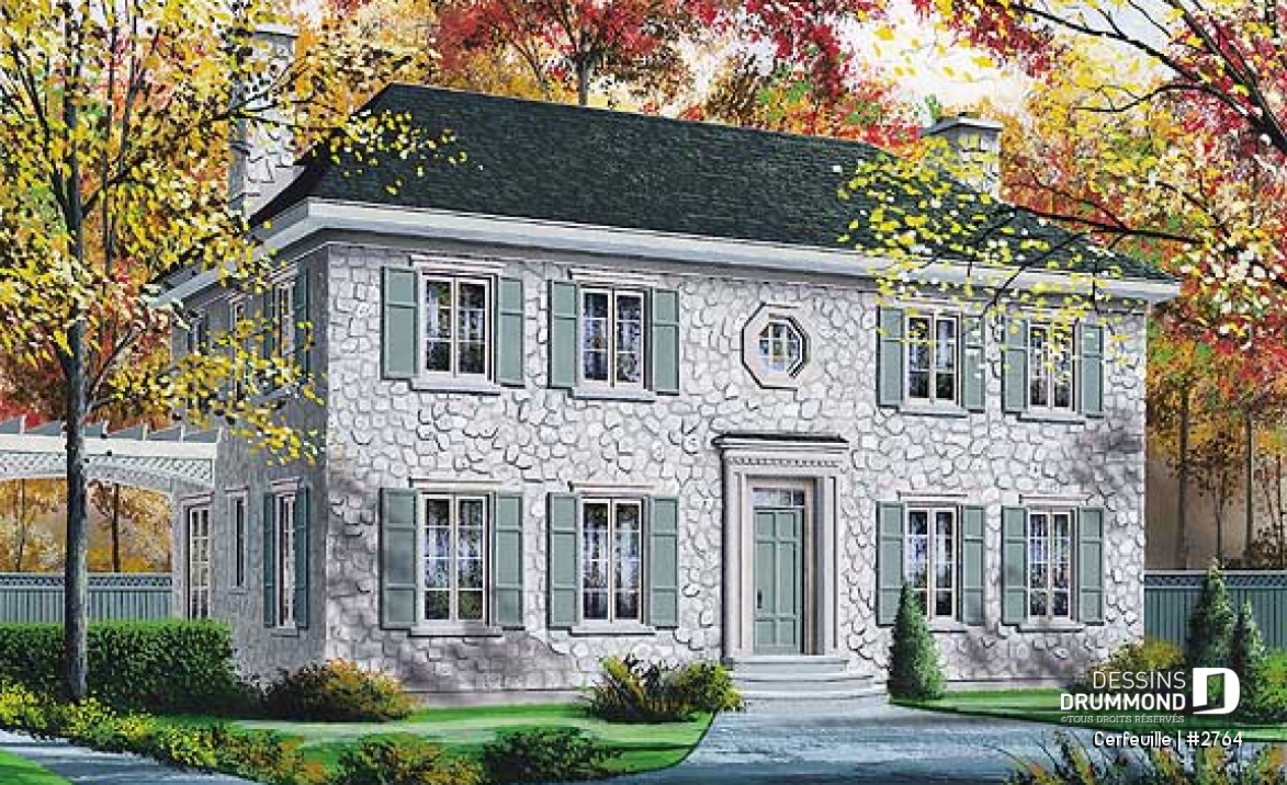 Vue avant - MODÈLE DE BASE - Maison au look historique, plafond 9' au r-d-c, 3 chambres, foyers multiples dont un à la suite des maîtres - Cerfeuille