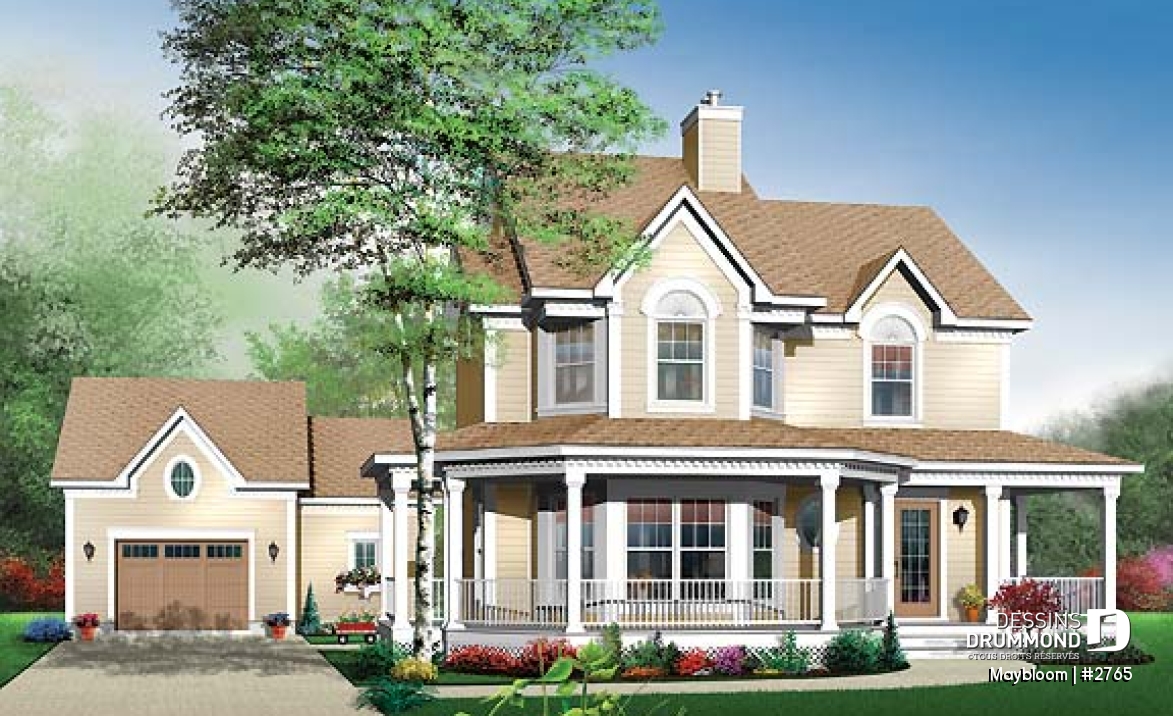 Vue avant - MODÈLE DE BASE - Plan maison 3 chambres,  grande suite des maîtres, buanderie à l'étage, foyer, garde manger et îlot - Maybloom