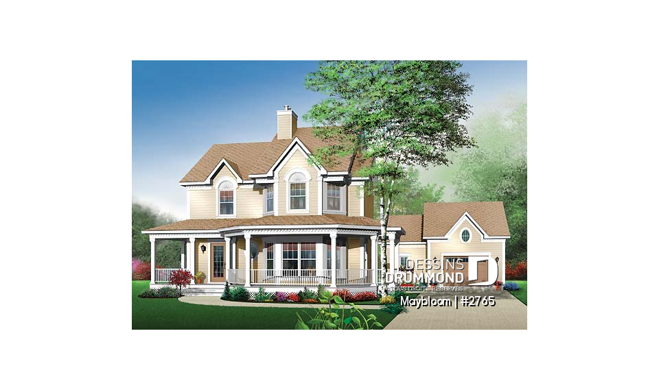 Vue avant - MODÈLE DE BASE - Plan maison 3 chambres,  grande suite des maîtres, buanderie à l'étage, foyer, garde manger et îlot - Maybloom