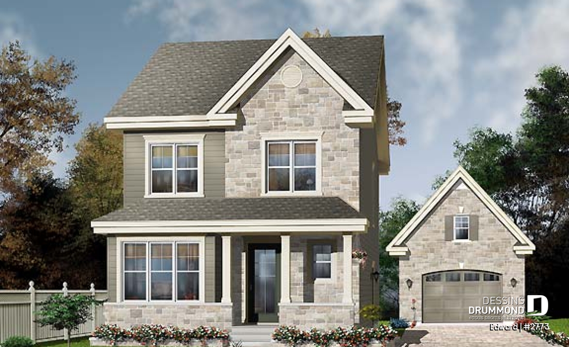 Vue avant - MODÈLE DE BASE - Maison économique pour terrain étroit, 3 chambre, bureau attrayant, vestibule  - Edward