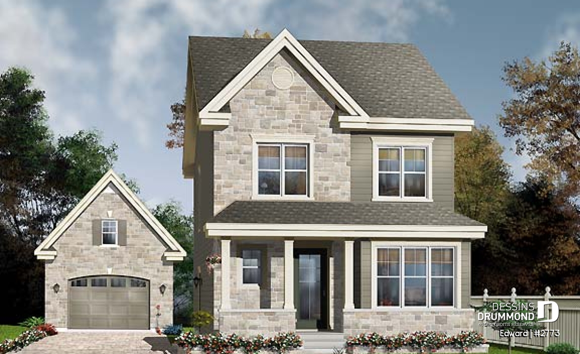 Vue avant - MODÈLE DE BASE - Maison économique pour terrain étroit, 3 chambre, bureau attrayant, vestibule  - Edward