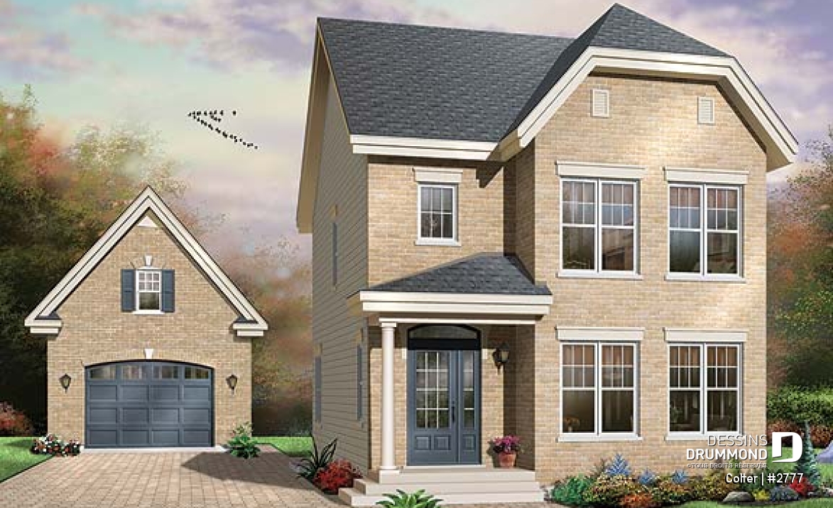 Vue avant - MODÈLE DE BASE - Plan de maison économique, 3 chambres, espace dînette tout en lumière, buanderie à l'étage, walk-in - Colter