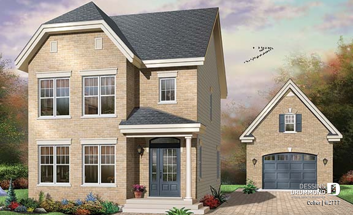 Vue avant - MODÈLE DE BASE - Plan de maison économique, 3 chambres, espace dînette tout en lumière, buanderie à l'étage, walk-in - Colter