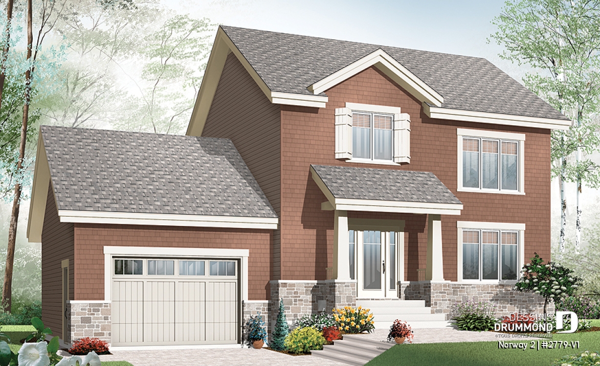 Vue avant - MODÈLE DE BASE - Plan de maison à étage de style Craftsman, 3 chambres, garage, grand ìlot à la cuisine - Norway 2