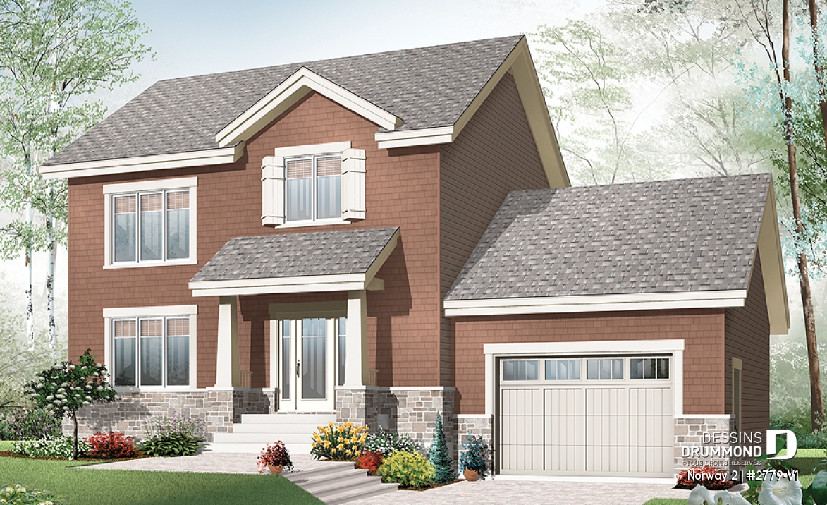 Vue avant - MODÈLE DE BASE - Plan de maison à étage de style Craftsman, 3 chambres, garage, grand ìlot à la cuisine - Norway 2
