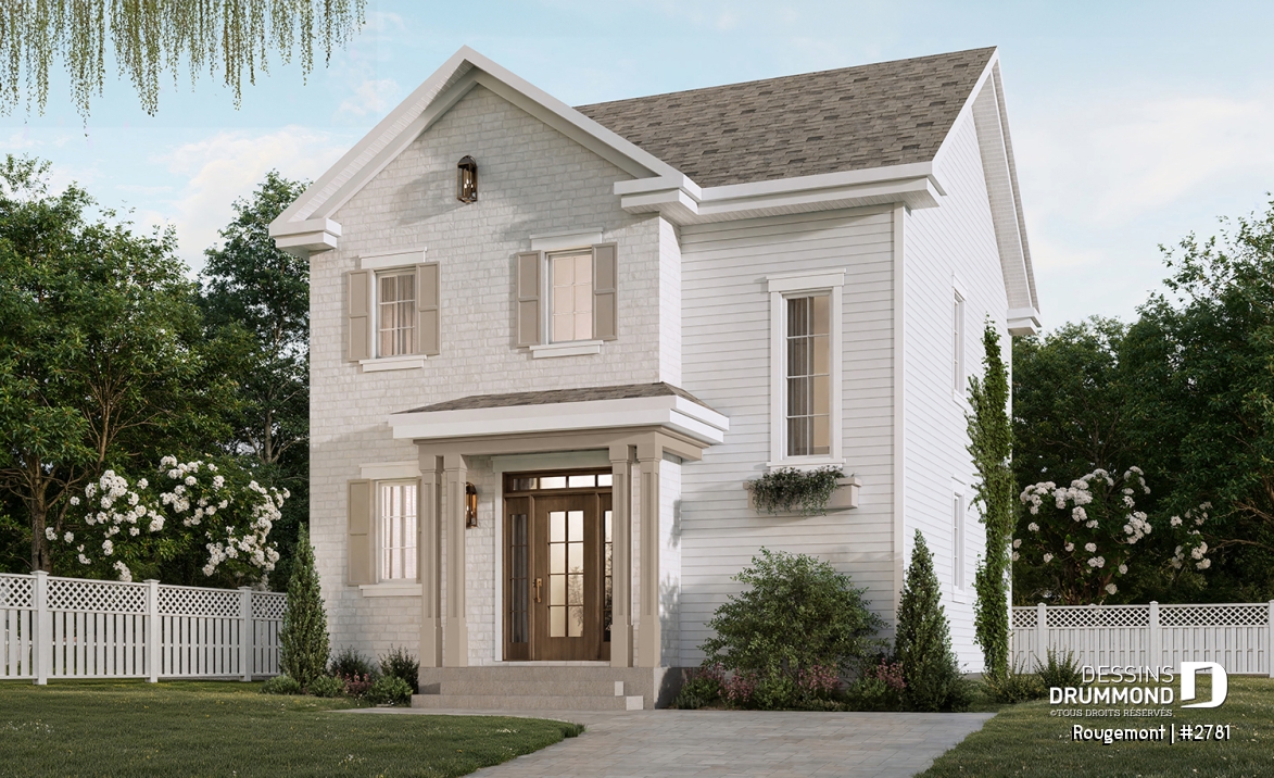 Vue avant - MODÈLE DE BASE - Plan de maison à étage style cottage anglais avec sous-sol optionnel au Québec. - Rougemont