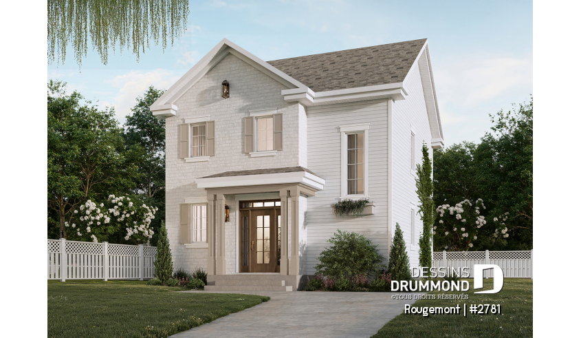 Vue avant - MODÈLE DE BASE - Plan de maison à étage style cottage anglais avec sous-sol optionnel au Québec. - Rougemont