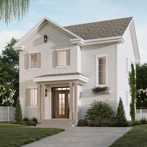 Vue avant - MODÈLE DE BASE - Plan de maison à étage style cottage anglais avec sous-sol optionnel au Québec. - Rougemont