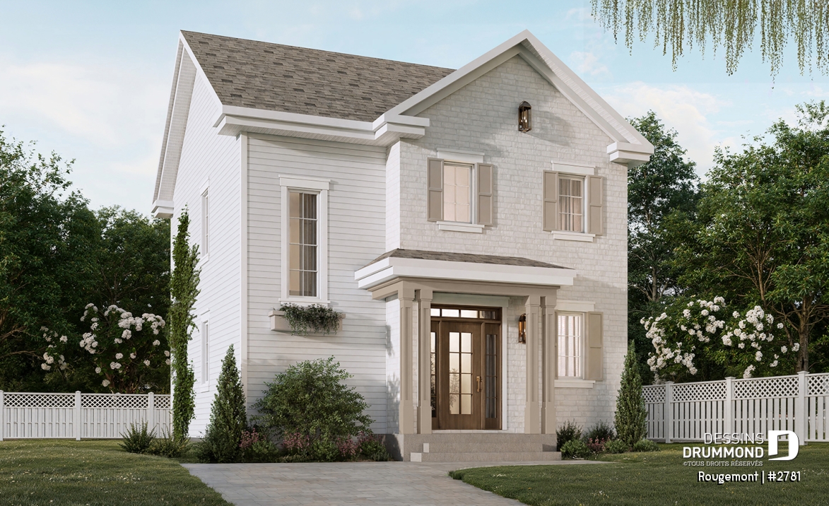 Vue avant - MODÈLE DE BASE - Plan de maison à étage style cottage anglais avec sous-sol optionnel au Québec. - Rougemont