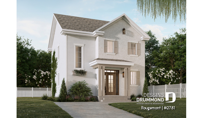 Vue avant - MODÈLE DE BASE - Plan de maison à étage style cottage anglais avec sous-sol optionnel au Québec. - Rougemont