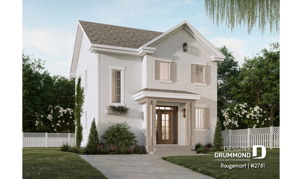 Vue avant - MODÈLE DE BASE - Plan de maison à étage style cottage anglais avec sous-sol optionnel au Québec. - Rougemont