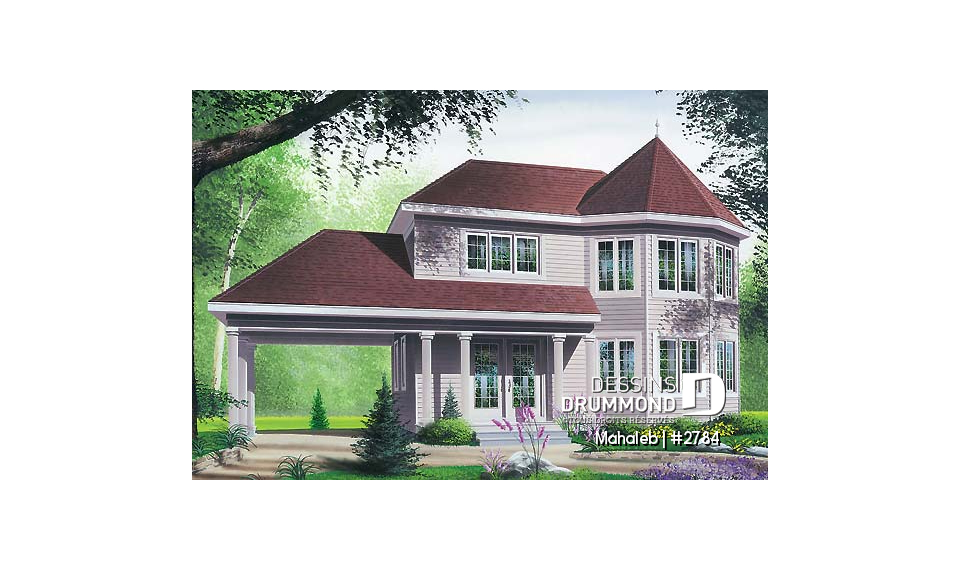 Vue avant - MODÈLE DE BASE - Plan de maison champêtre, belle lumière naturelle, abri d'auto, chambre des maîtres dans la tourrelle - Mahaleb