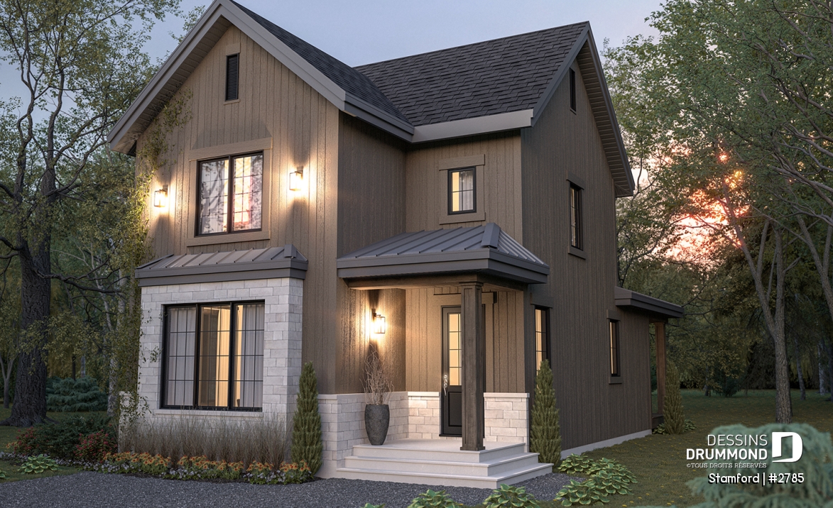 Vue avant - MODÈLE DE BASE - Plan de maison pour terrain étroit, 3 à 5 chambres, sous-sol aménagé (optionnel $), grande terrasse abritée - Stamford