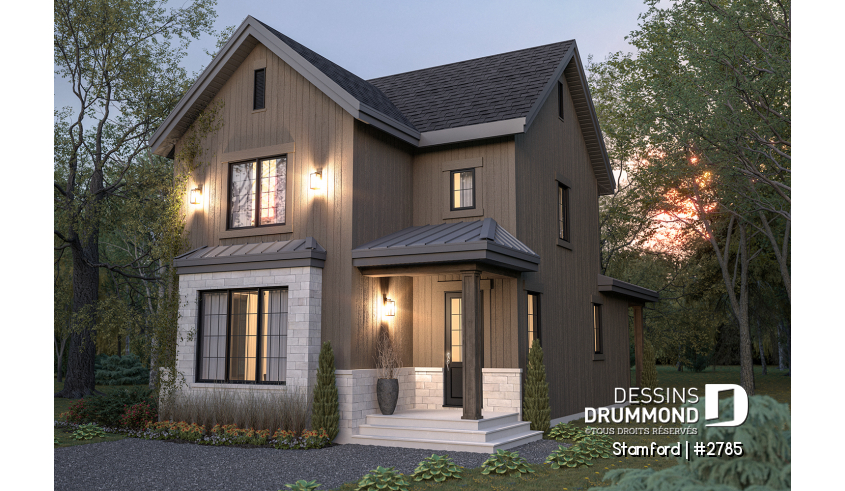 Vue avant - MODÈLE DE BASE - Plan de maison pour terrain étroit, 3 à 5 chambres, sous-sol aménagé (optionnel $), grande terrasse abritée - Stamford