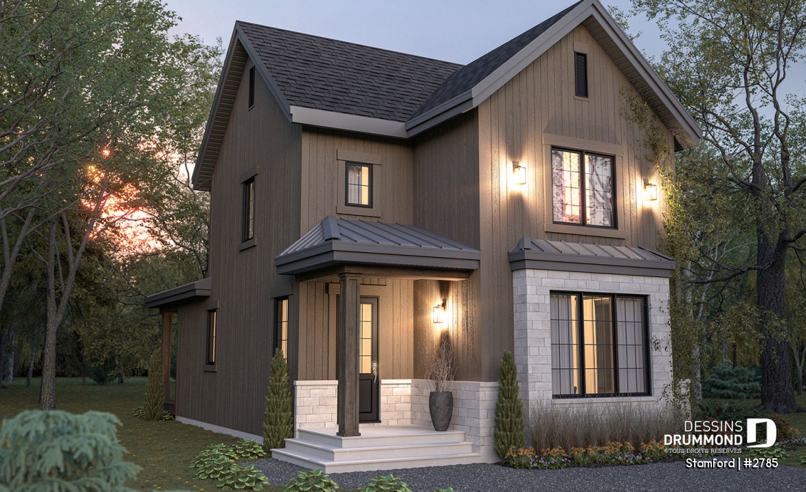 Vue avant - MODÈLE DE BASE - Plan de maison pour terrain étroit, 3 à 5 chambres, sous-sol aménagé (optionnel $), grande terrasse abritée - Stamford