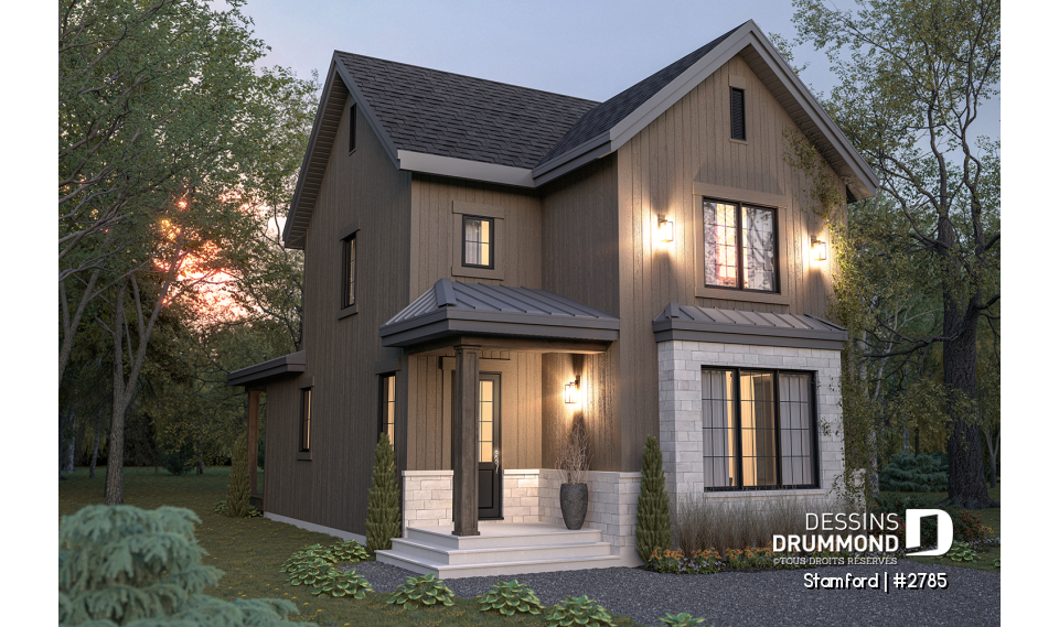 Vue avant - MODÈLE DE BASE - Plan de maison pour terrain étroit, 3 à 5 chambres, sous-sol aménagé (optionnel $), grande terrasse abritée - Stamford