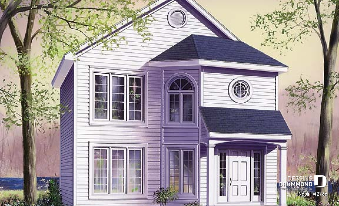 Vue avant - MODÈLE DE BASE - Plan de maison abordable à étage, cuisine avec comptoir-lunch, 3 chambres, plancher à aire ouverte - Nauli