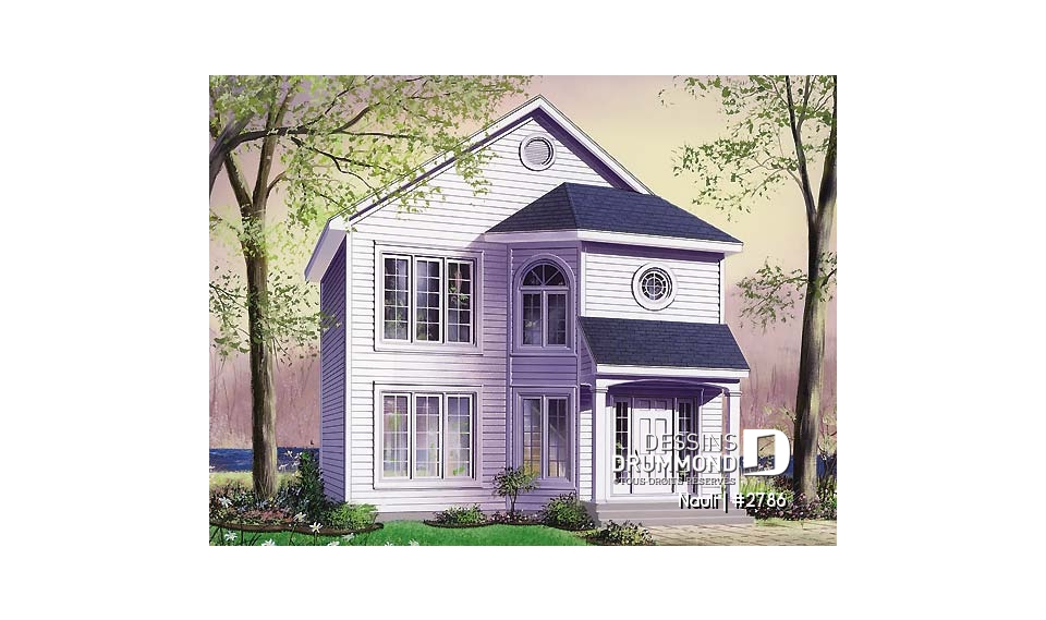 Vue avant - MODÈLE DE BASE - Plan de maison abordable à étage, cuisine avec comptoir-lunch, 3 chambres, plancher à aire ouverte - Nauli