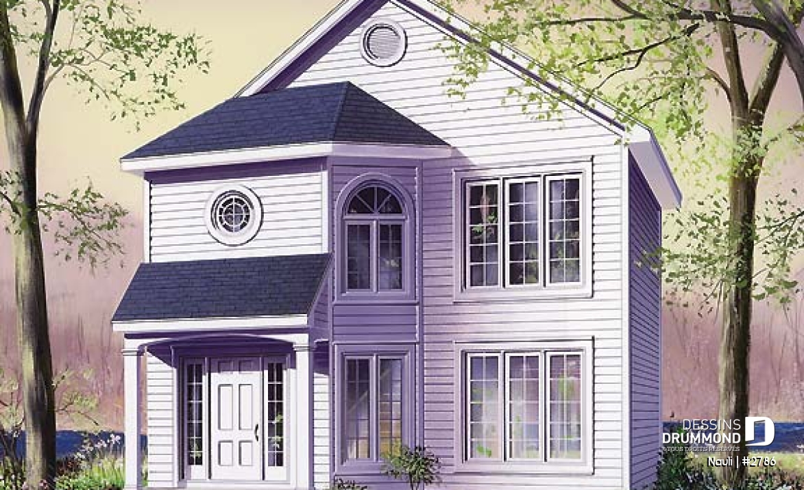 Vue avant - MODÈLE DE BASE - Plan de maison abordable à étage, cuisine avec comptoir-lunch, 3 chambres, plancher à aire ouverte - Nauli