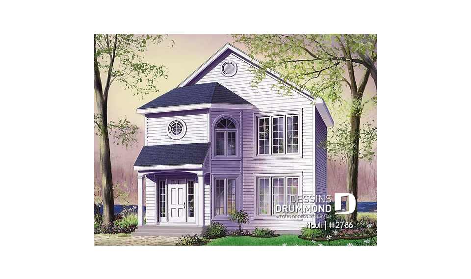 Vue avant - MODÈLE DE BASE - Plan de maison abordable à étage, cuisine avec comptoir-lunch, 3 chambres, plancher à aire ouverte - Nauli