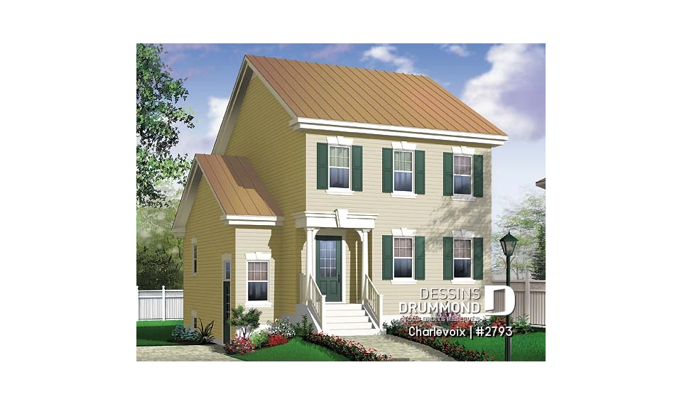 Vue avant - MODÈLE DE BASE - Plan de maison de style cottage champêtre, 3 chambres, îlot à la cuisine, salle de lavage au rez-de-chaussée - Charlevoix