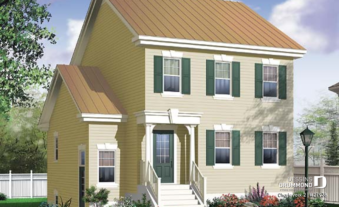 Vue avant - MODÈLE DE BASE - Plan de maison à étage, 3 chambres, appartement au sous-sol, buanderie au rez-de-chaussée, vestibule - Charlevoix 2