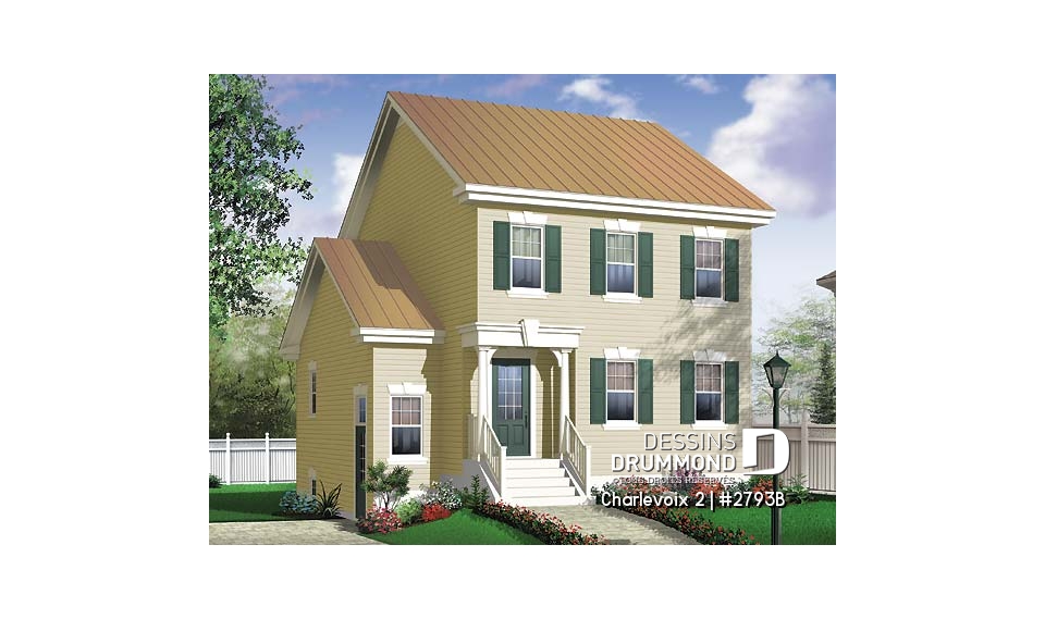 Vue avant - MODÈLE DE BASE - Plan de maison à étage, 3 chambres, appartement au sous-sol, buanderie au rez-de-chaussée, vestibule - Charlevoix 2