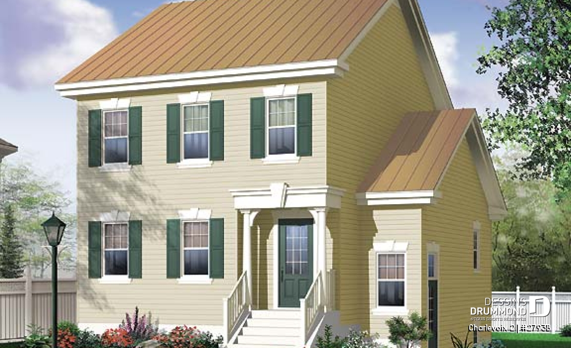 Vue avant - MODÈLE DE BASE - Plan de maison à étage, 3 chambres, appartement au sous-sol, buanderie au rez-de-chaussée, vestibule - Charlevoix 2