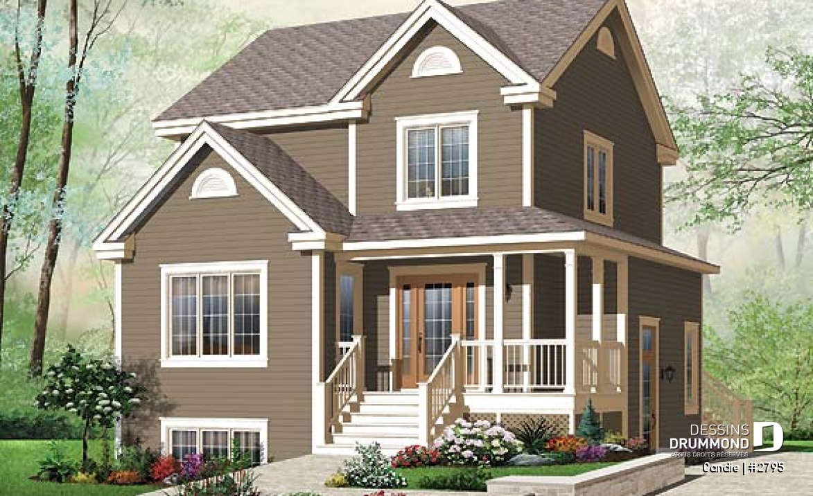 Vue avant - MODÈLE DE BASE - Plan de maison abordable de 3 chambres, cuisine de bon format, grande salle familiale, buanderie au premier - Candie