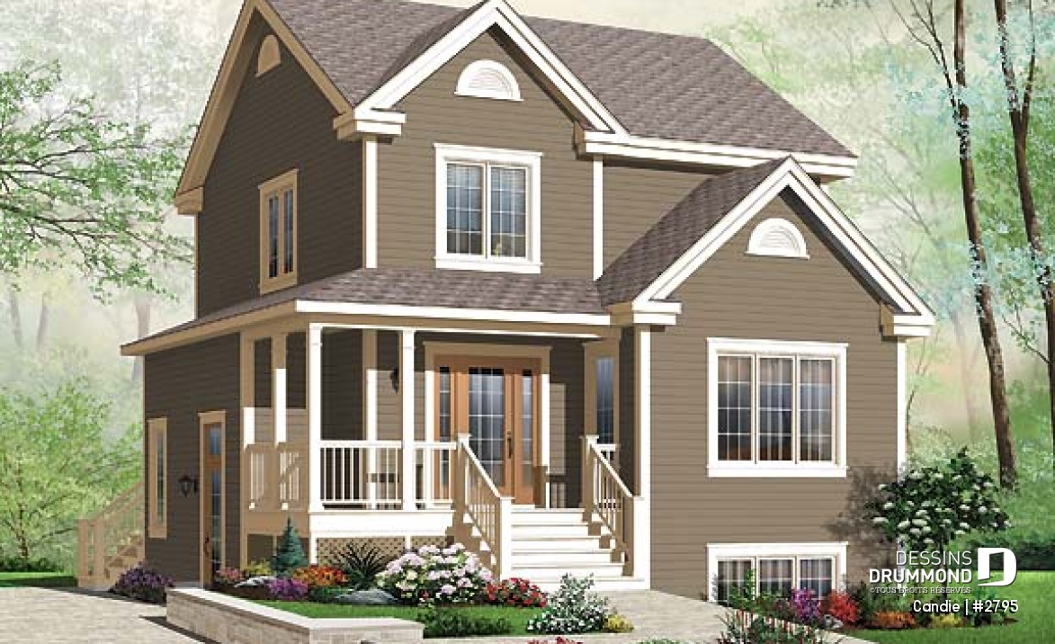Vue avant - MODÈLE DE BASE - Plan de maison abordable de 3 chambres, cuisine de bon format, grande salle familiale, buanderie au premier - Candie