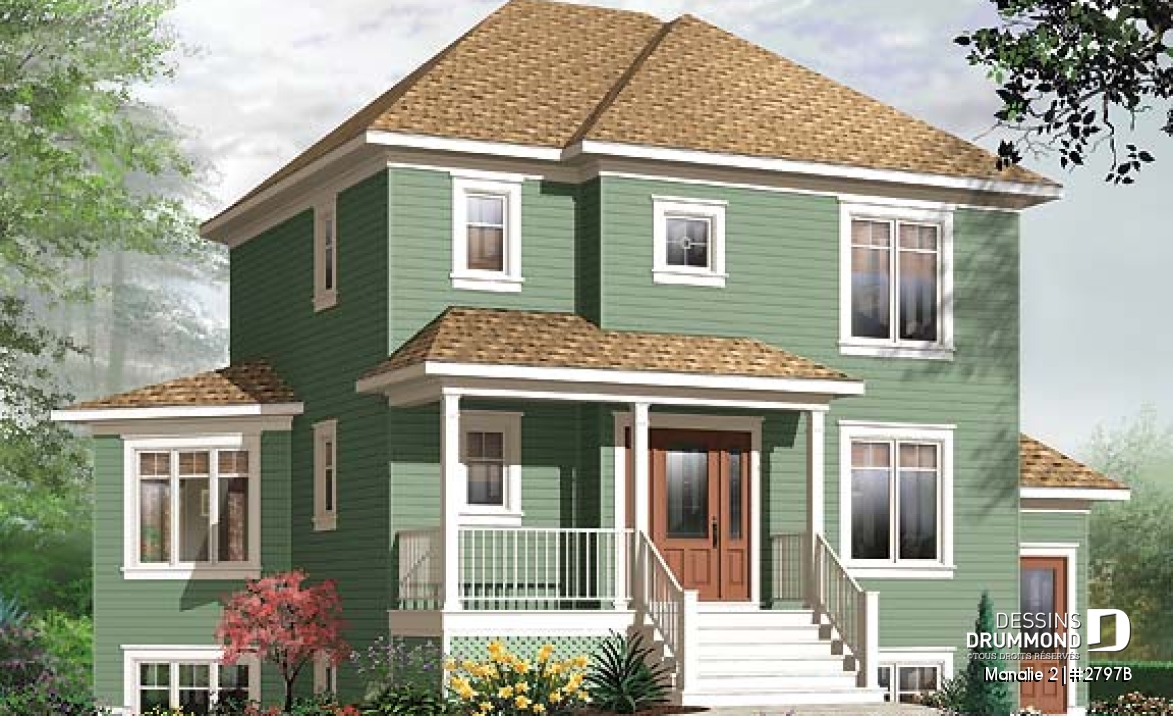 Vue avant - MODÈLE DE BASE - Plan de maison 3 chambres + appartement 1 chambre au sous-sol, bureau à domicile, grande chambre parents - Manalie 2