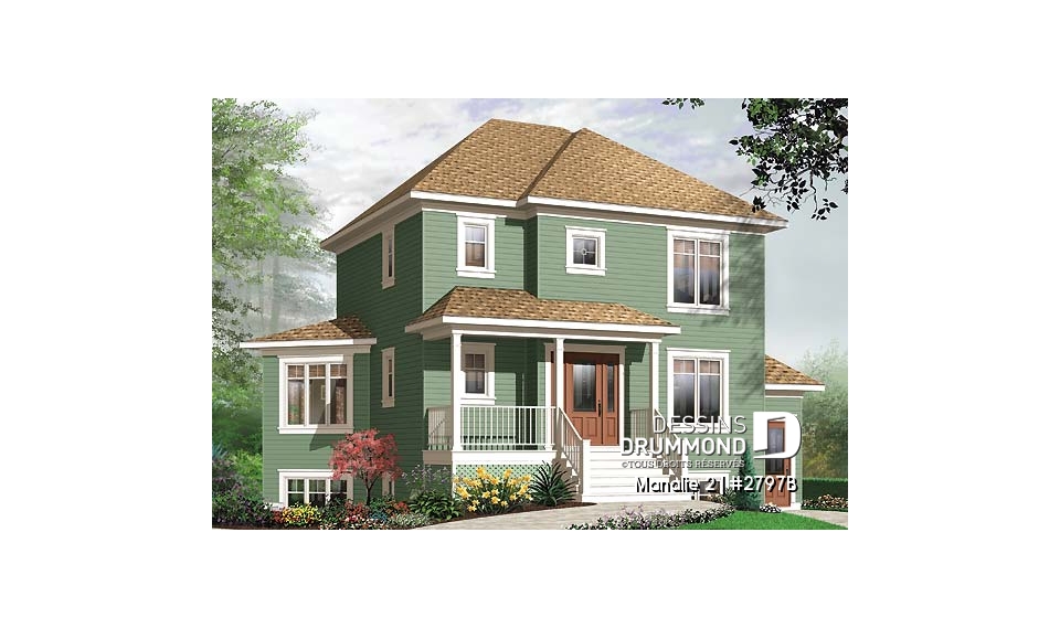 Vue avant - MODÈLE DE BASE - Plan de maison 3 chambres + appartement 1 chambre au sous-sol, bureau à domicile, grande chambre parents - Manalie 2