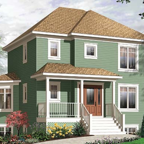 Vue avant - MODÈLE DE BASE - Plan de maison 3 chambres + appartement 1 chambre au sous-sol, bureau à domicile, grande chambre parents - Manalie 2