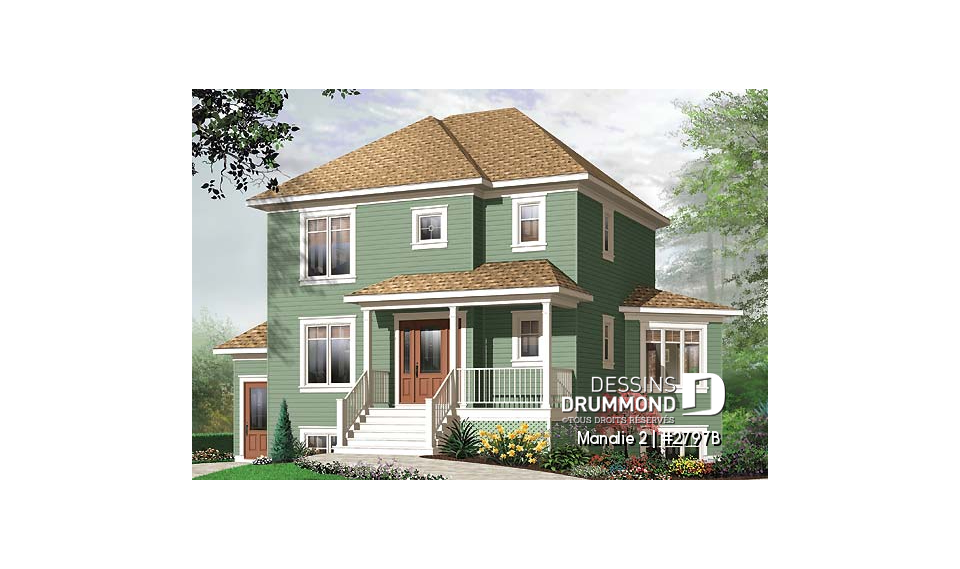 Vue avant - MODÈLE DE BASE - Plan de maison 3 chambres + appartement 1 chambre au sous-sol, bureau à domicile, grande chambre parents - Manalie 2