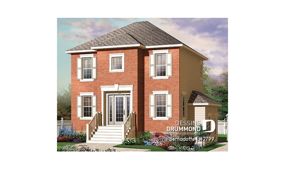 Vue avant - MODÈLE DE BASE - Plan de maison à étage 3 chambres, sous-sol aménageable, salle à manger formelle - Bernadotte