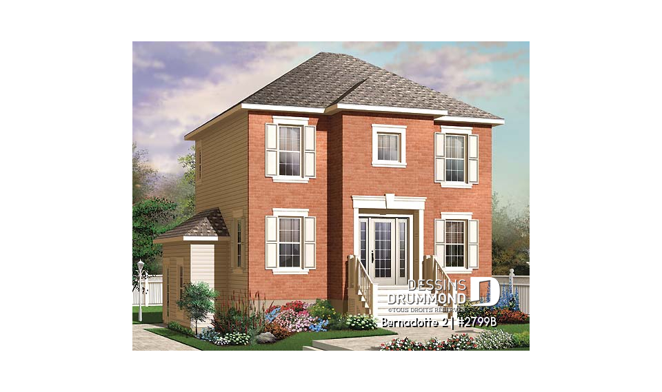 Vue avant - MODÈLE DE BASE - Plan de maison avec appartement au sous-sol, 3 chambres à l'unité principale, belle grande cuisine - Bernadotte 2