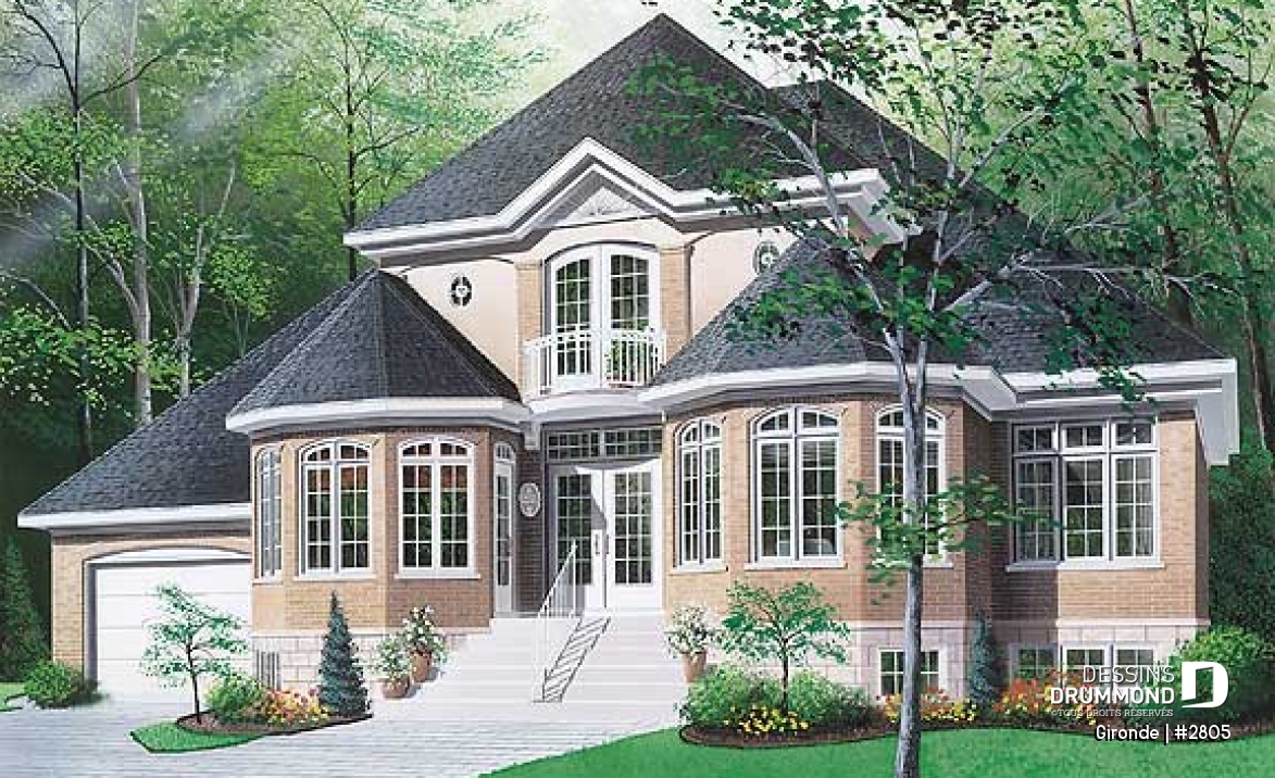 Vue avant - MODÈLE DE BASE - Plan de maison classique, 3+ chambres, plafond 9' au rdc, balcon à la suite des maîtres, garage - Gironde