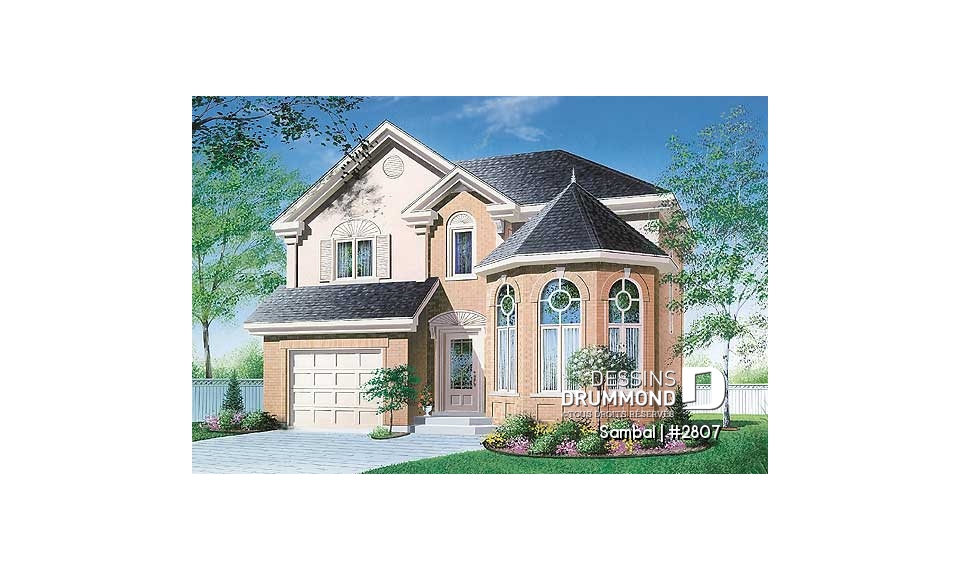 Vue avant - MODÈLE DE BASE - Maison d'influence victorienne avec garage, vestibule à l'entrée, suite des parents à l'étage - Sambal