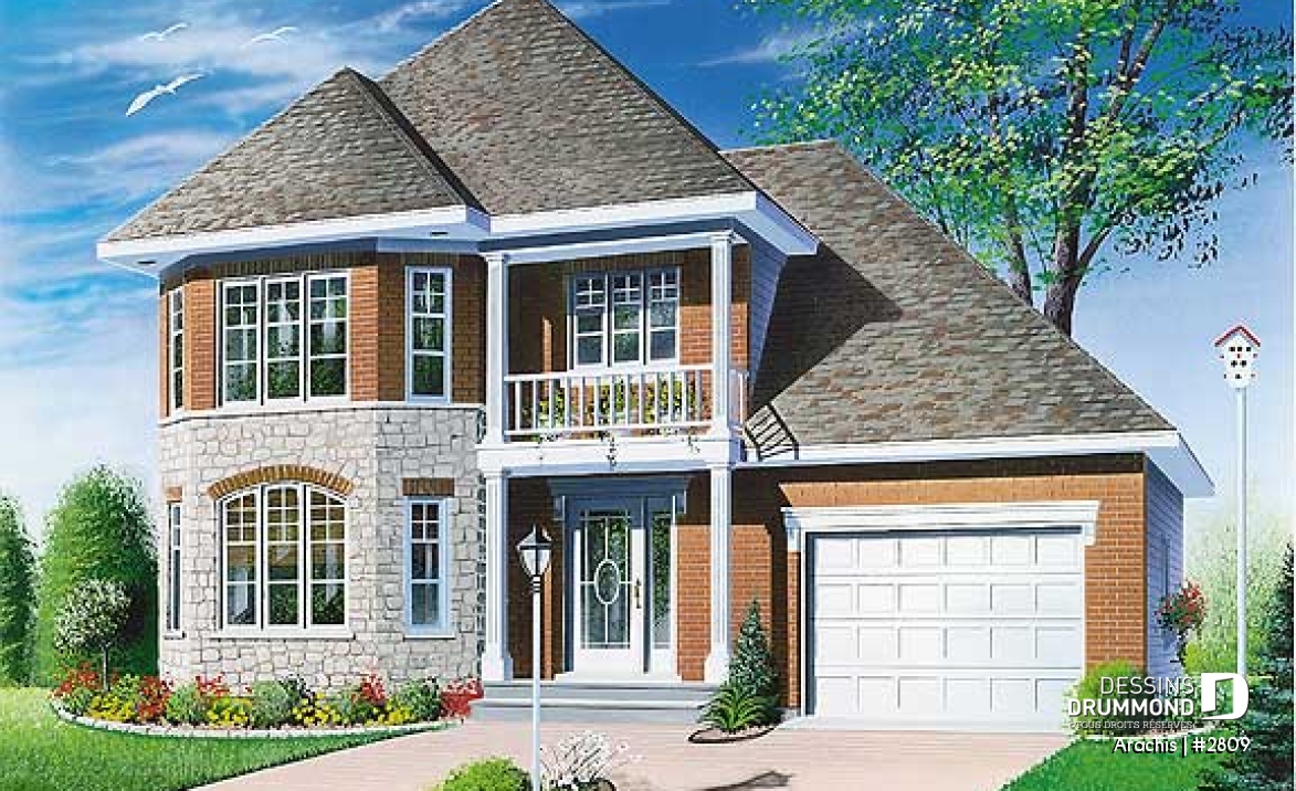 Vue avant - MODÈLE DE BASE - Plan de maison à étage, portes françaises à la salle familiale, 3 chambres, vestibule fermé, garage - Arachis