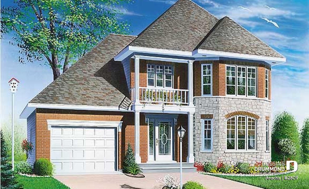 Vue avant - MODÈLE DE BASE - Plan de maison à étage, portes françaises à la salle familiale, 3 chambres, vestibule fermé, garage - Arachis