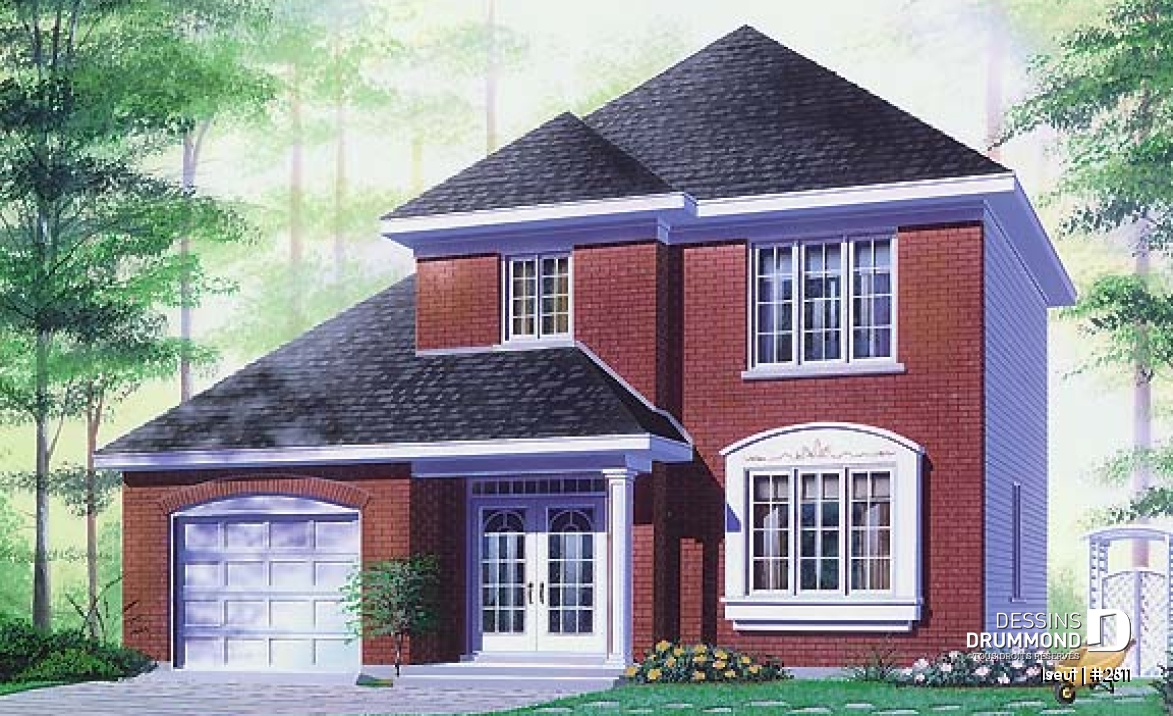 Vue avant - MODÈLE DE BASE - Plan de maison à étage avec garage, 3 chambres, 1.5 salle de bain, grande salle de séjour, aire ouverte - Iseut
