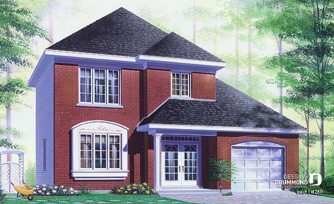 Vue avant - MODÈLE DE BASE - Plan de maison à étage avec garage, 3 chambres, 1.5 salle de bain, grande salle de séjour, aire ouverte - Iseut