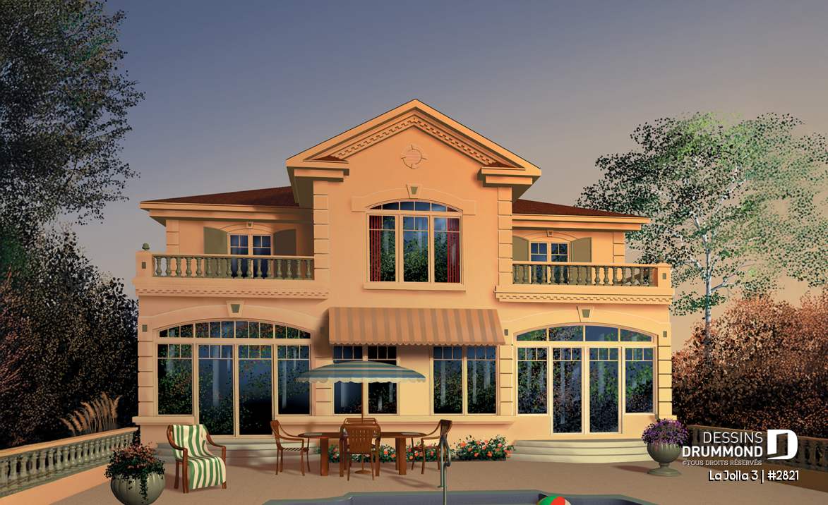 Vue arrière - MODÈLE DE BASE - Plan de maison bi-génération, logement 1 chambre pour les grand-parents, logement 3 chambres pour la famille - La Jolla 3